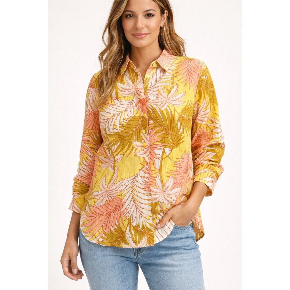 Tahari Size Medium‎ 100% Linen Tropical Palm Print Button Front Shirt